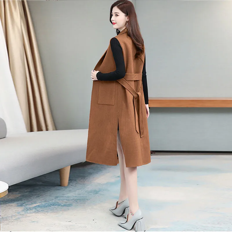 2023 New Madam Woolen Vest Mid-Length Spring Autumn None Sleeve Ladies Jacket Belt Slim Loose Fashion Women Waistcoat