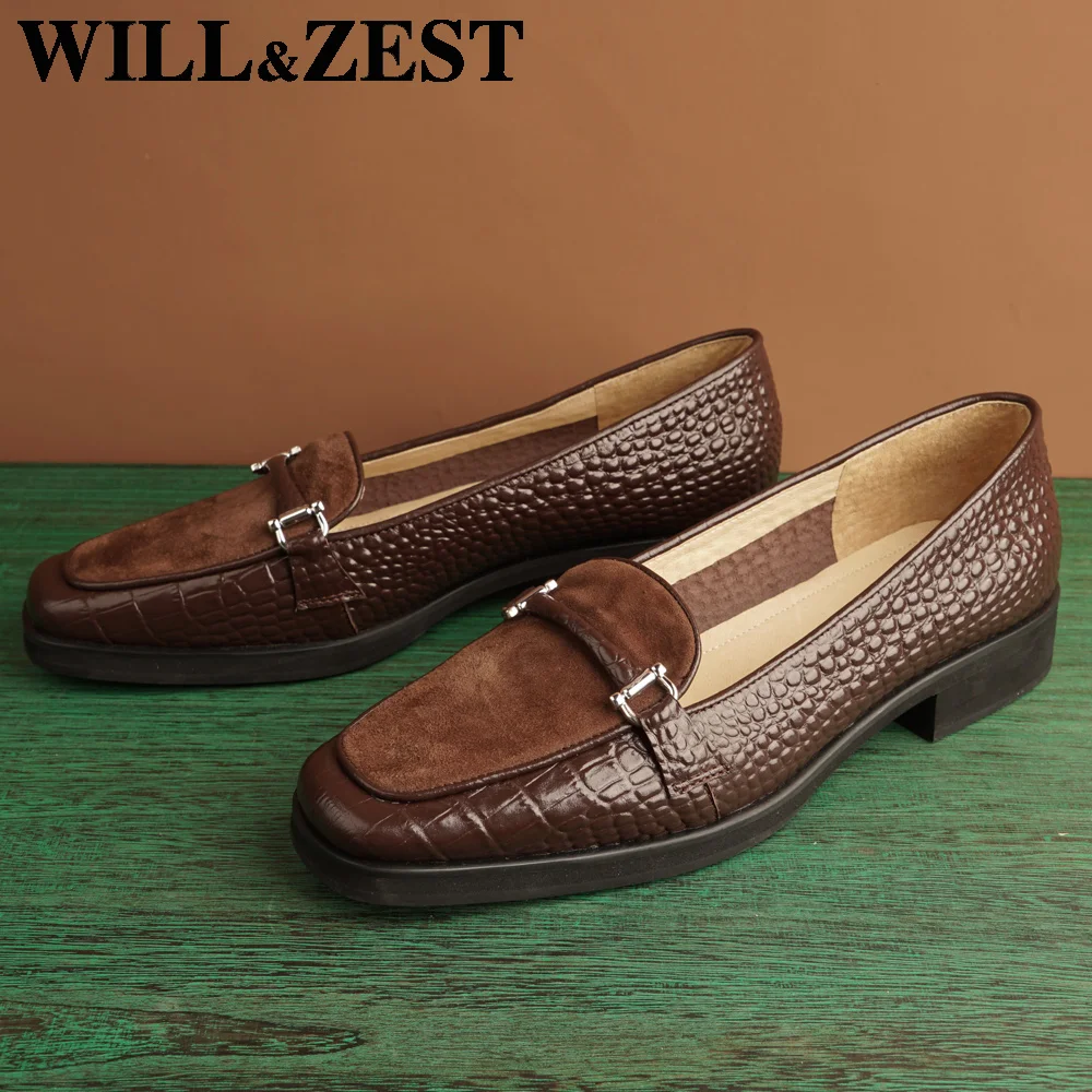 WILL&ZEST Flat Loafers Women Vintage Nursing Luxury Designers Brand Leather Fake Crocodile 2021 New Spring Comfortable Shoes