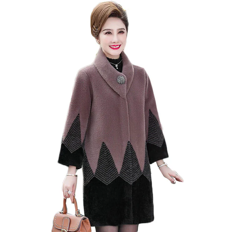 Women Winter Jacket High Quality Thick Imitation Mink Cashmere Coat Noble Middle-aged Mother Knit Cardigan Sweater Jacket W2213