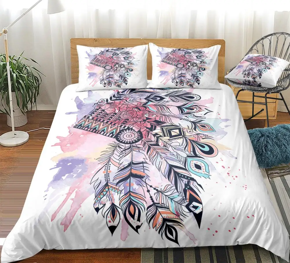 

Pink Feather Bedding Set Aboriginal Style Duvet Cover Set Water color Beds Set Home Textiles Microfiber For Kids Teens Bedspread