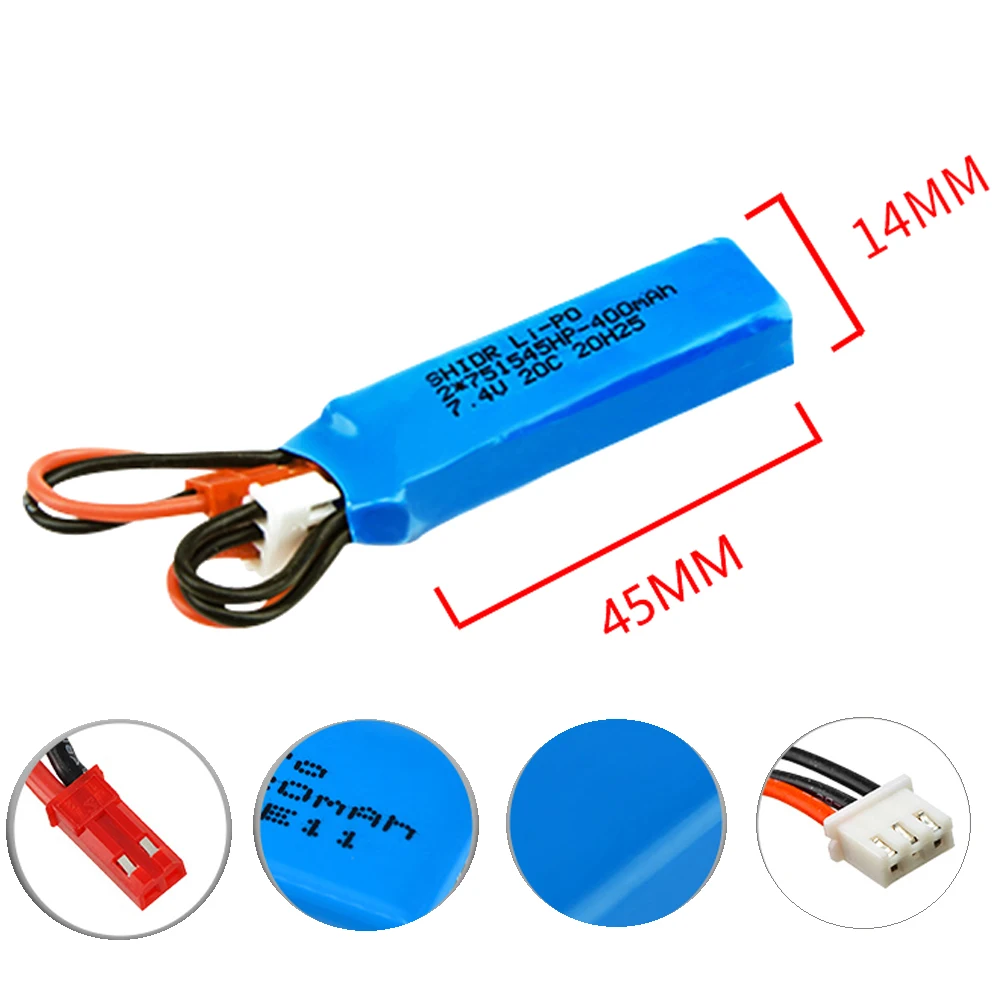 Batteria Lipo 3 pz/lotto 7.4v 400mah 20C Rc con connettori JST (personalizzabile) per auto RC Wltoys P929 P939 K969 K979 K989 giocattoli fai da te