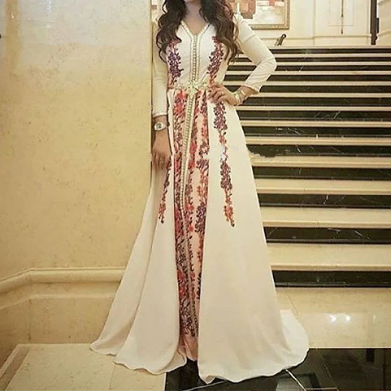 

Moroccan Kaftan Caftan Muslim Evening Dresses A-line V-neck Long Sleeves Appliques Dubai Saudi Arabic Long Formal Evening Gown