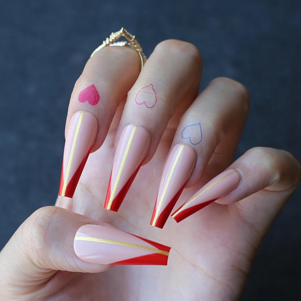 Red V contour French Nude Coffin Fake nails Extra Golden thread glitter press on nails decorative nails Ballet faux ongles