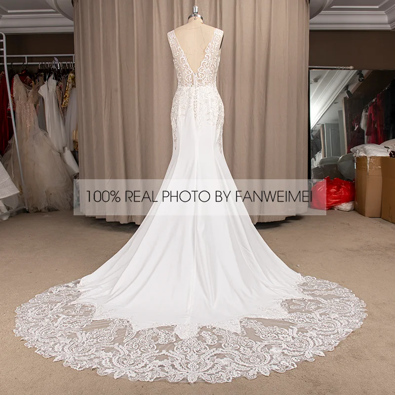 Vestidos de novia de encaje transparente sin mangas con apliques, vestido de novia elegante con Espalda descubierta, cuello redondo, fotos reales, 100%, 2021