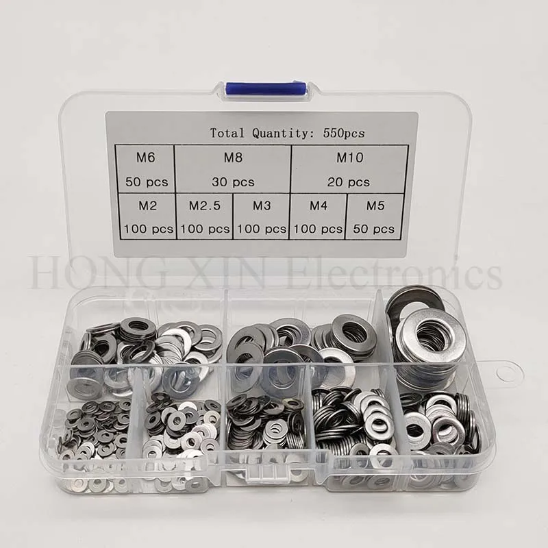 550 Stuks Platte Ringen Voor Schroeven 304 Rvs Metric Washer Assortiment Kit Metalen Ringen Set M2 M2.5 M3 M4 m5 M6 M8