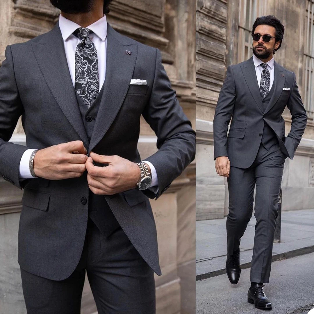 Handsome Men Suits 3 Piece Dark Grey Formal Custom Made Wedding Tuxedos For Best Man Business Coat+Pant+Vest