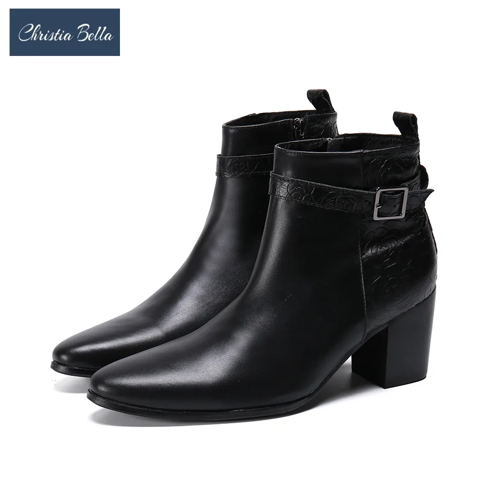 

Retro Style Black Pointed Toe Height Increasing Shoes Wedding Party Plus Size Dress Boots Male Business Real Leather Ankle Boots