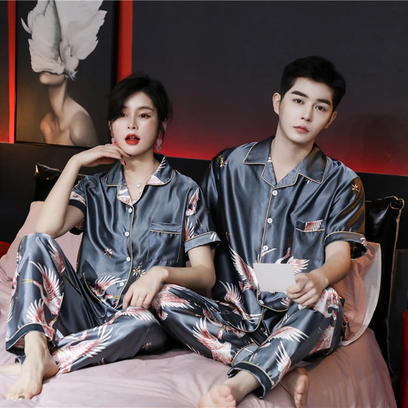 2PCS Lovers Pajamas Sets Women And Men Long Sleeve Long Pants Sleepwear Suit Silky Satin Home Wear Sexy Wedding Home Clothes