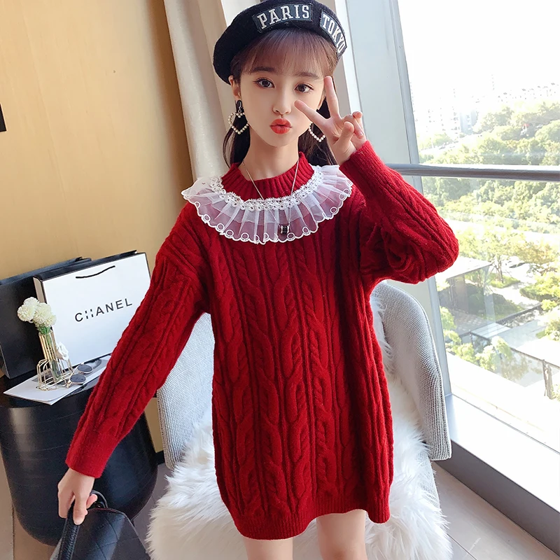 

Kids Sweaters Handmade Crochet Warm Winter Autumn Girls Sweater Dress Red Blue Christmas Knitwear Teenager Sweaters Tops 4-14Yrs