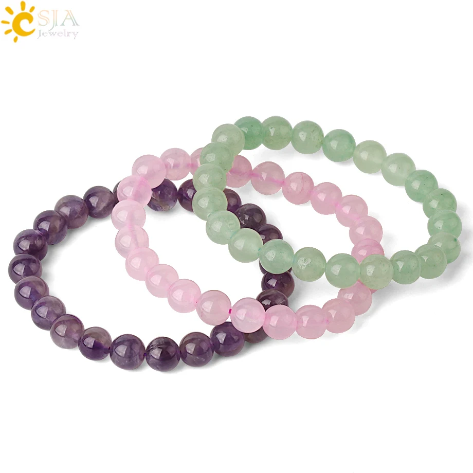 CSJA Natural Stones Jewelry Sets Healing Pink Quartz Purple Crystal Green Aventurine Stud Earrings Bracelets Ring for Women G369