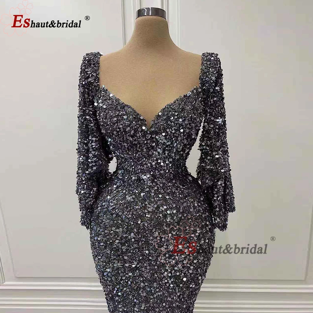 Elegant Dubai Sequin Evening Night Dresses for Women 2023 Mermaid V Neck Flared Sleeves Long Formal Prom Wedding Party Gowns