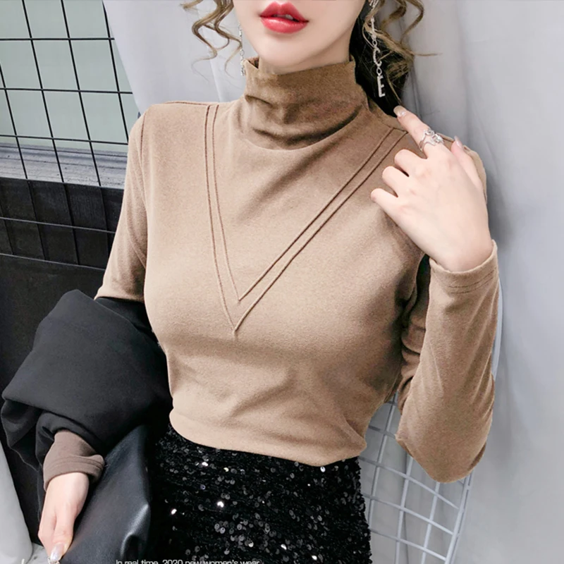 turtleneck slim fit tshirt femme cotton tee shirt camisas mujer 2024 t-shirt thicken t shirt long sleeve tops womens clothing