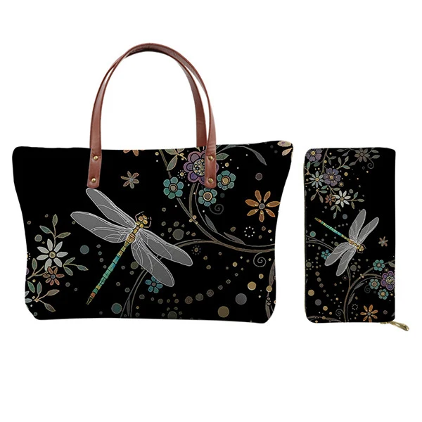 Fashion Dragonfly Pattern Ladies Shoulder Bag Big 2Pcs/Set Handbag With Purse Beach Bag Shopping Bag for Women 2020