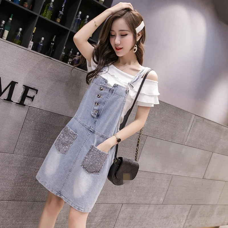 

Denim Strap Short Dress Women Summer Fashion Diamond Pocket Slim Jean Knee Dresses High Street Blue Preppy Vestido S-XL