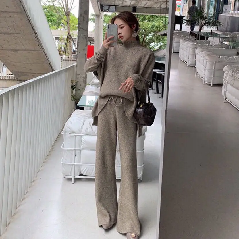 2019 Winter Women Sweater Suits and Sets Turtleneck Long Sleeve Knitted Sweaters Long Trousers 3 Pieces Set Winter