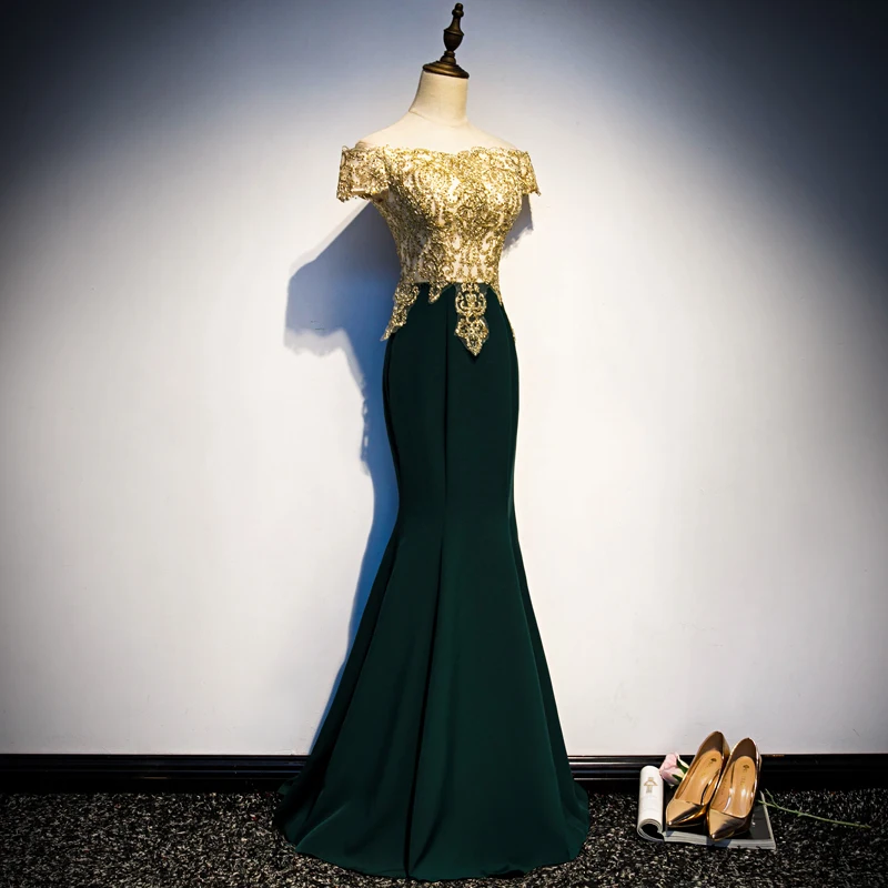 Evening Dresses New Off the Shoulder Dark Green Golden Lace Cystal Trumpet Floor-length Plus size Customized Formal Dress R1359