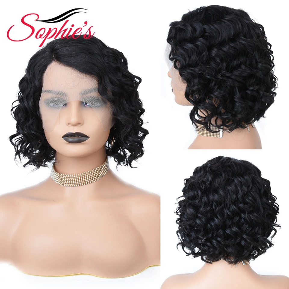 Sophie's-Peluca de cabello humano para mujeres negras, postizo de encaje 13x1, corte Bob corto, onda suelta, Color Natural, Remy, 180% de densidad