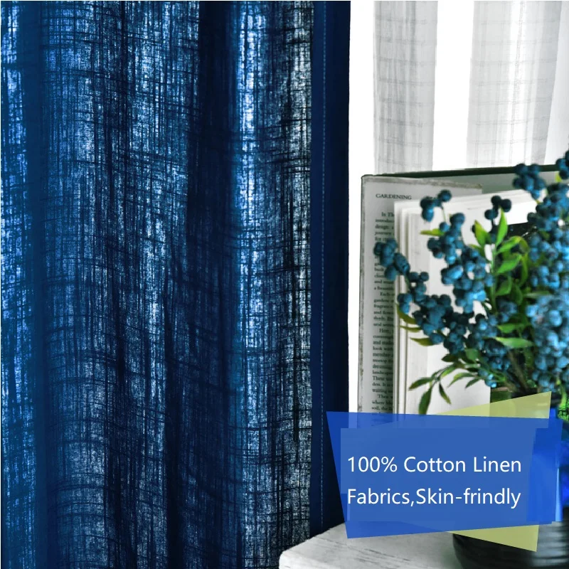 Vintage Blue Hemp Curtains Dyeing Linen Yarn Fabric American Country Retro Window Drapes for Living Room Nordic tie-dyed Curtain