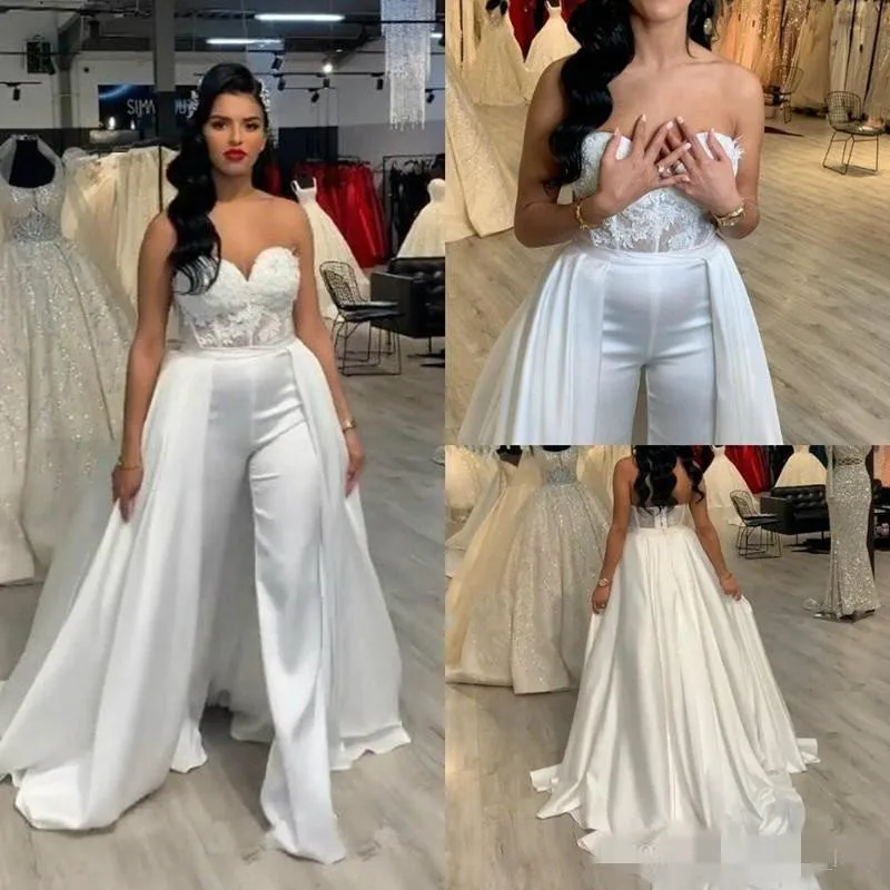 

Sweetheart Bride Jumpsuit with Detachable Train 2021 Lace Stain Boning Bodice Beach Party Princess Wedding Dress with Pant Suit