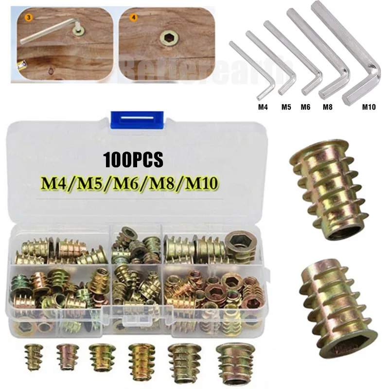 100PCS M4/M5/M6M8/M10 Zinc Alloy Thread For Wood Insert Nut Flanged Hex Drive Head Furniture Nuts + 5PC Hexagonal Wrench