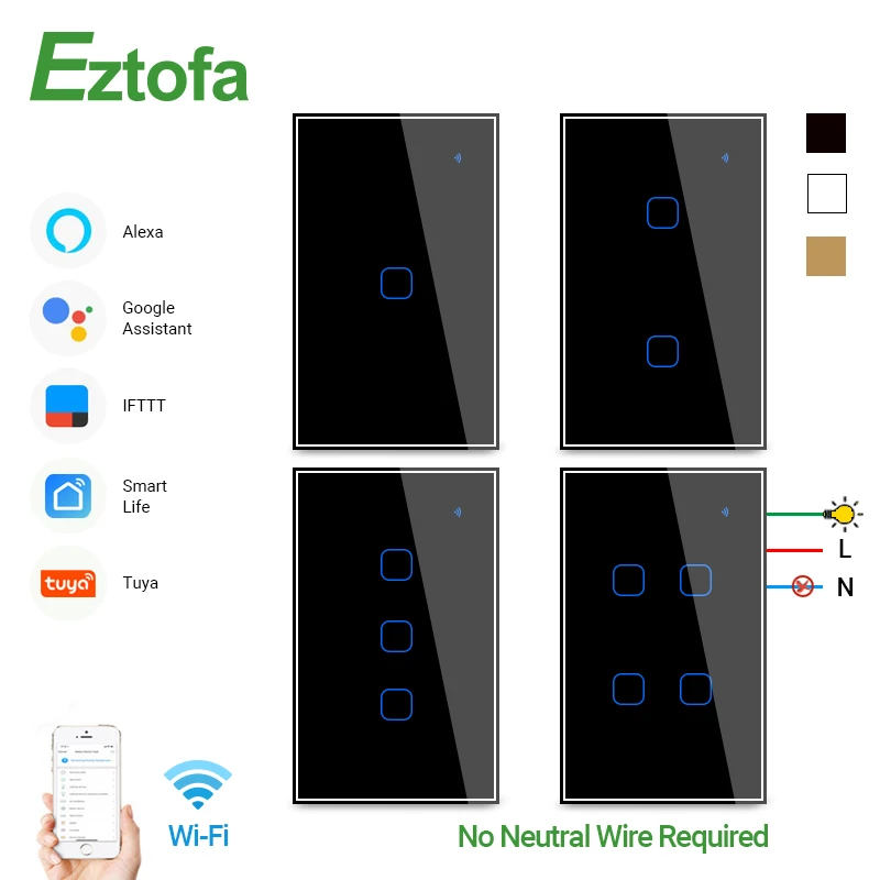 

Smart Wifi Touch Wall Light Switch Remote Control 1 2 3 4 Gang,No Neutral Wire,Touch Screen Switch Glass US Standard