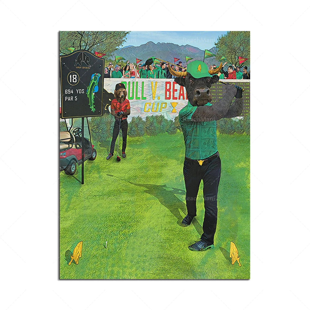 Bull and bear stock market, golf art, office investment poster financial artwork, stock market love gift, home decor