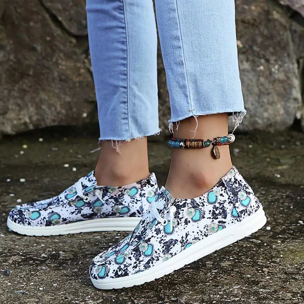 Women Floral Flat Boat Shoes Front Lace-up Decoration Casual Canvas Shoes Lady Outdoor Walking Running Soft Bottom Loafers
