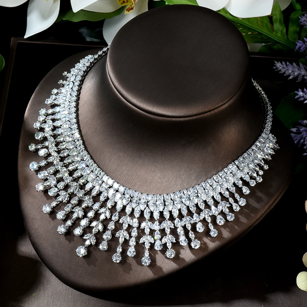 HIBRIDE Fashion White AAA CZ Zirconia Leaf Earring Necklace Set for Women Bridal Weddings Jewelry Set bijoux femme ensembl N-480