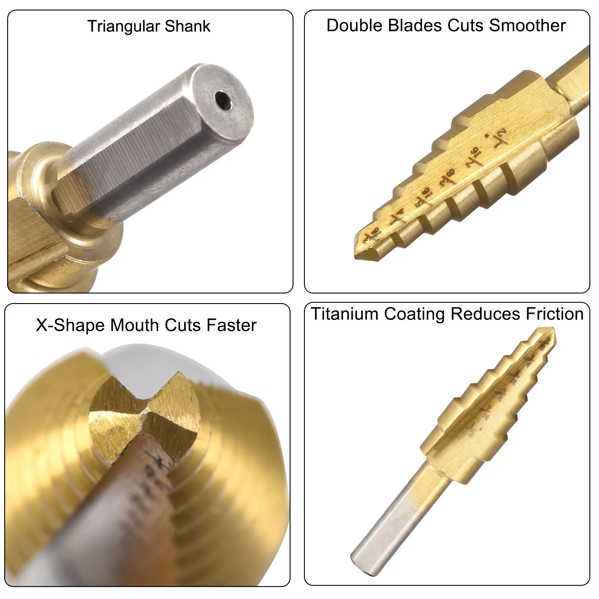 Uxcell 2Pcs Step Drill Bit HSS4241 3/16" to 1/2" 6 Sizes Straight Flutes Triangular Shank for Metal Wood Plastic