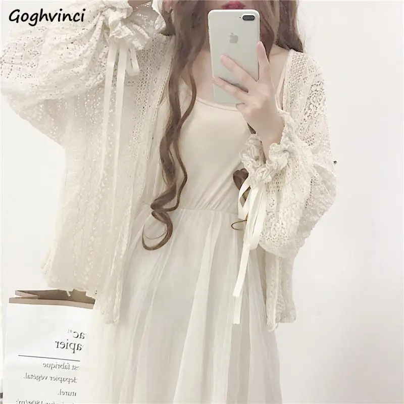 Shirts Women Long Butterfly Sleeve Hook Flower Hollow Solid Kawaii Fairy Retro Lace Thin Fashion Leisure Ulzzang Elegant Chic