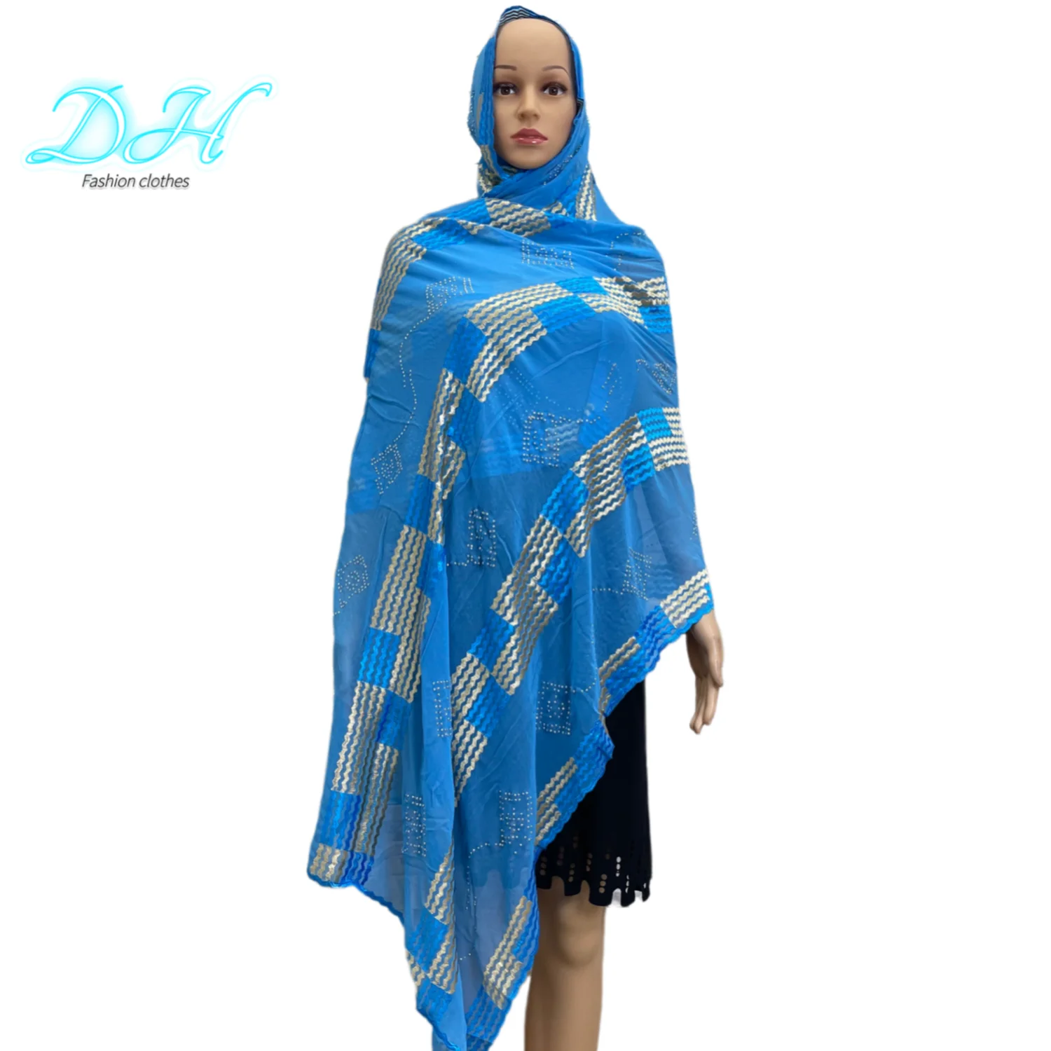 African Fashion Hijabs Colorful Scarf Muslim Shawls Embroidery Flower and Set With Diamond Chiffon Fabric Turban for Woman DH089