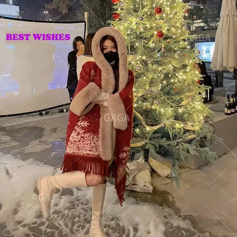 

Fashion Thicken Faux Rex Rabbit Cape Overcoat Hooded Coat Women Winter Warm Wool Blends Cloak Poncho New Year Gift Shawl