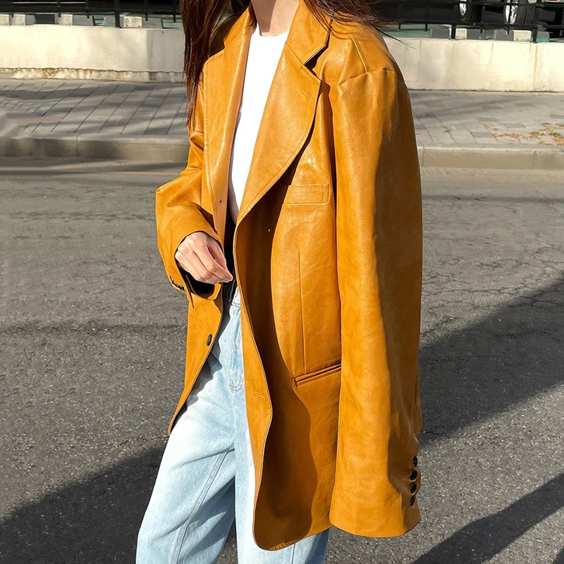 Women Short Pu Leather Coat Loose Style Yellow Color Vintage Full Women's Jacket Oversized Fashion Coat