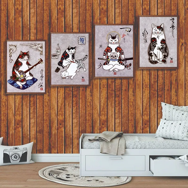 Ukiyo-e Samurai Warrior Cat Tattoo Cat Tattoo White Coated Paper Wall Stickers For Living Room Home Decoration