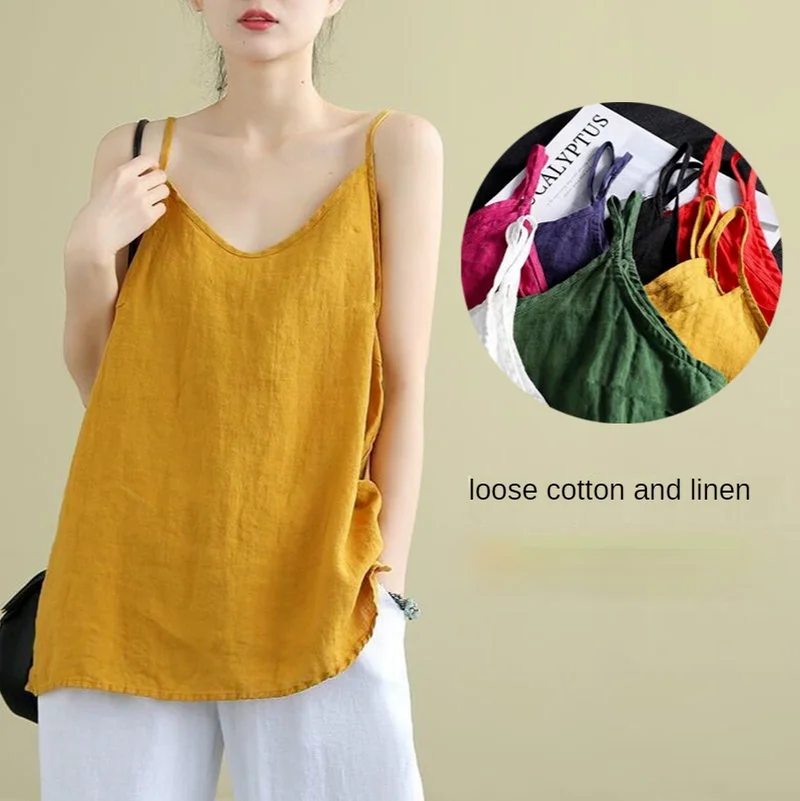 Women\'s Summer Top Cotton Linen Spaghetti Strap Top Women Halter V Neck Basic Yellow Sleeveless Tank Tops Loose Casual Camis