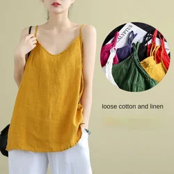 Women's Summer Top Cotton Linen Spaghetti Strap Top Women Halter V Neck Basic Yellow Sleeveless Tank Tops Loose Casual Camis