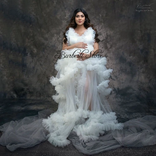 

Fashion White Ruffles Tulle Pregnant Woman Dresses To Photo-shoot See Thru Long Tulle Robe Tiered Ruffles Bridal Dress Vestidos