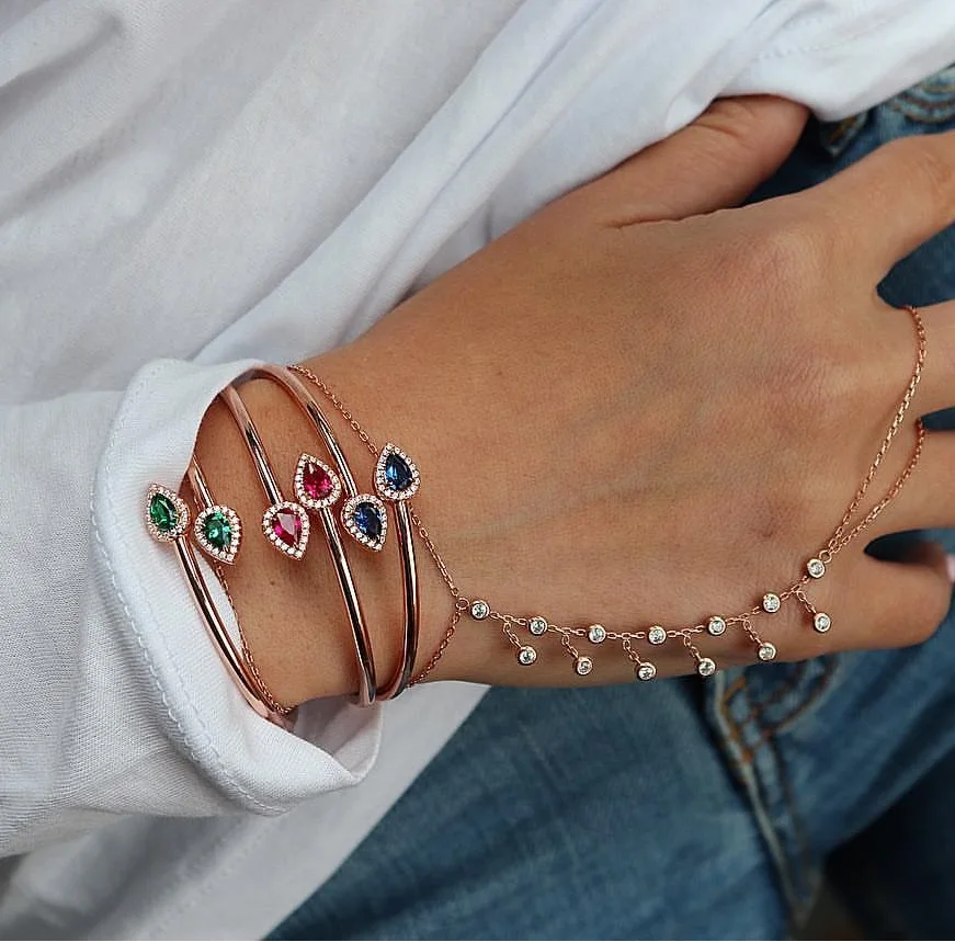 Open adjusted size tear drop cz green red blue twisted band cuff bangle bracelet fashion
