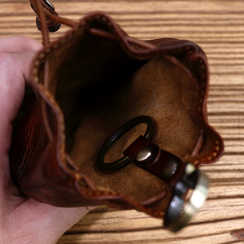 Genuine Leather Coin Purse For Women Men Vintage Handmade Small Drawstring Pocket Storage Bag With Keyring Card Holder Case Male