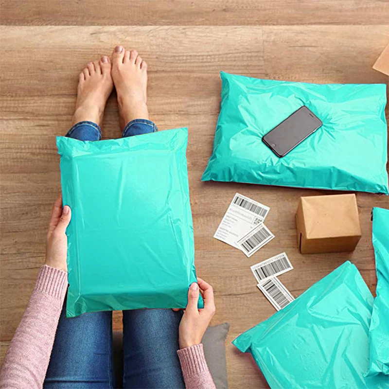 Bolsas de almacenamiento de mensajería, sobres de correo de poliéster verde azulado, ecológico, autoadhesivo, para regalo, 100 unidades