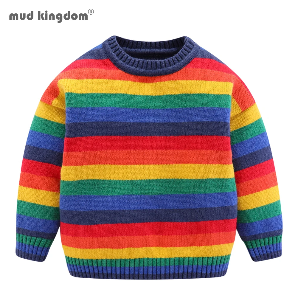 Mudkingdom Big Boys Girls Sweaters Rainbow Striped Super Soft Long Sleeve Pullovers Knited for Kids Sweaters Autumn Winter