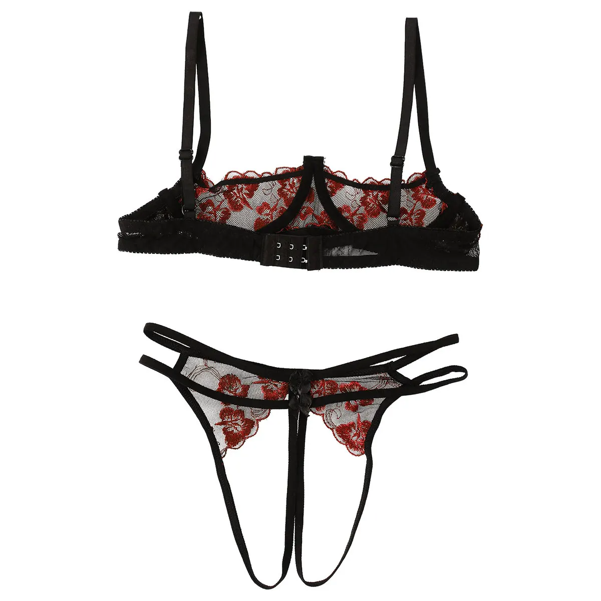 Womens Erotic Lingerie Set Floral Lace Sexy Suit Bare Exposed Breasts Underwire Bra Top with Crotchless G-string Thong Briefs