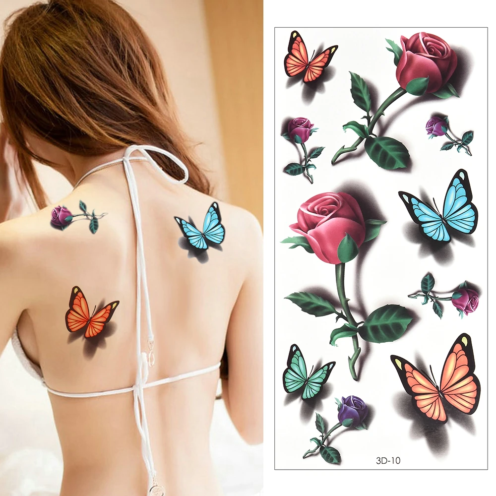 Pena borboleta tatuagens temporárias adesivo para proteção do corpo da mulher tatuagem 3d rosa flor anime falso adesivos à prova dwaterproof água