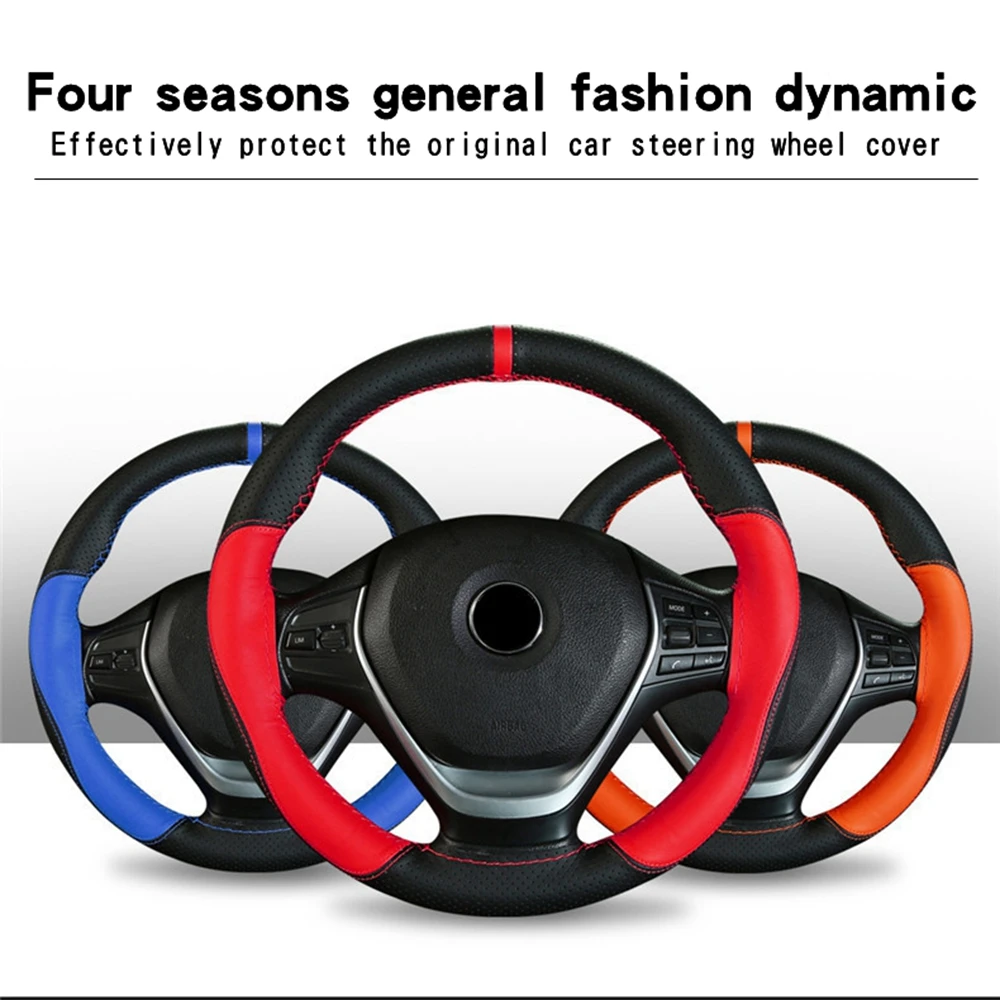 38cm Top Layer Cowhide Soft Genuine Leather Braid Steering Wheel Cover Black Double Line Hand-stitched With Needle Thread