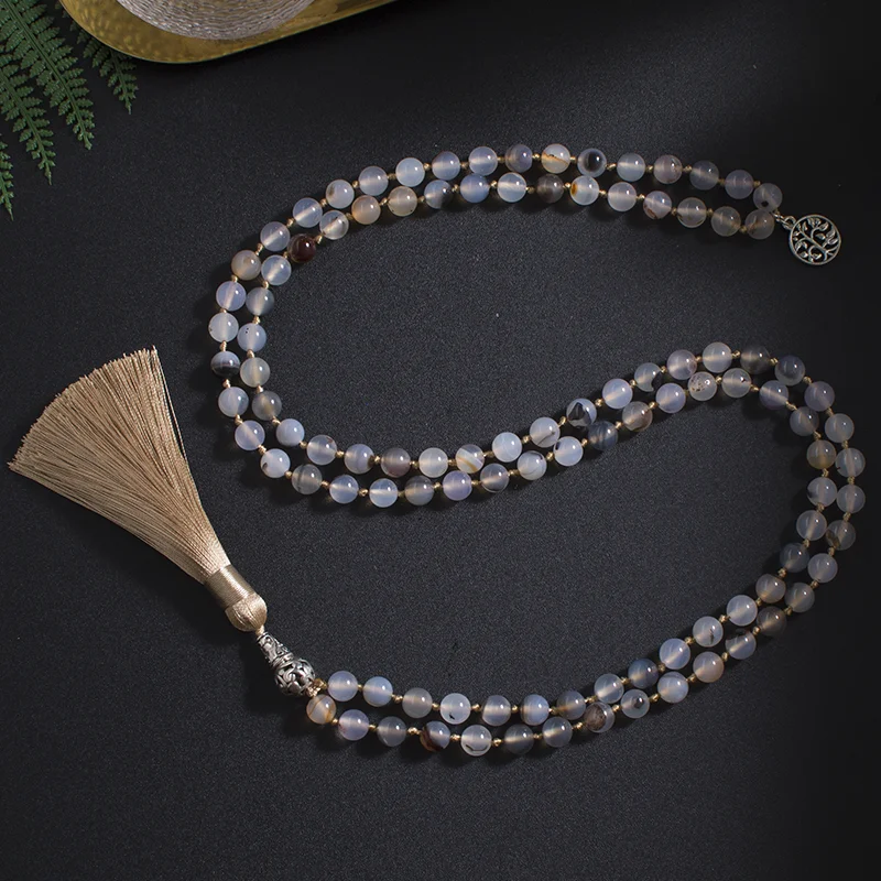 8mm Natural White Black Flower Agate Beaded Knotted Mala Necklace Meditation Yoga Spirit Jewelry 108 Japamala Woman Rosary