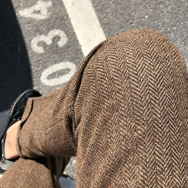 Pantalones largos para hombre, pantalones de lana Tweed, ocio, algodón, caballero, traje de negocios en espiga, pantalón para novio de boda