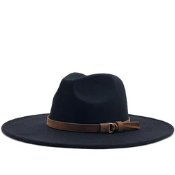 Women Men Big Wool Fedora Hat With Leather Ribbon Gentleman Elegant Lady Winter Autumn Wide Brim Jazz Church Panama Sombrero Cap