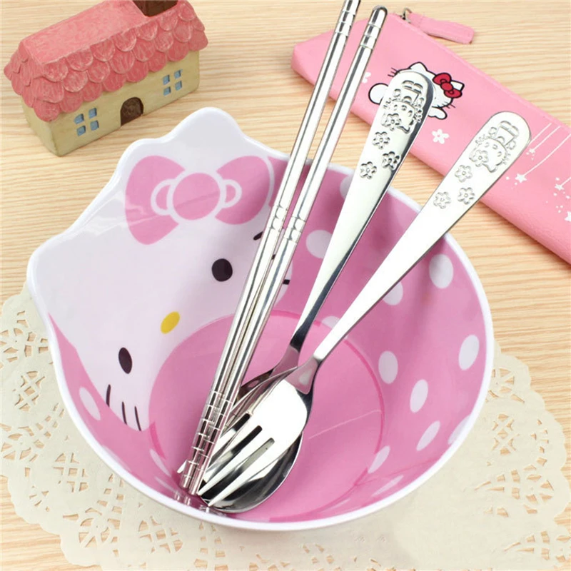 3PCS/Set Kawaii Cute Cat Stainless Steel Dinnerware Kitchen Supplies Chopsticks Utensil Flatware Spoon Fork For Kids Children