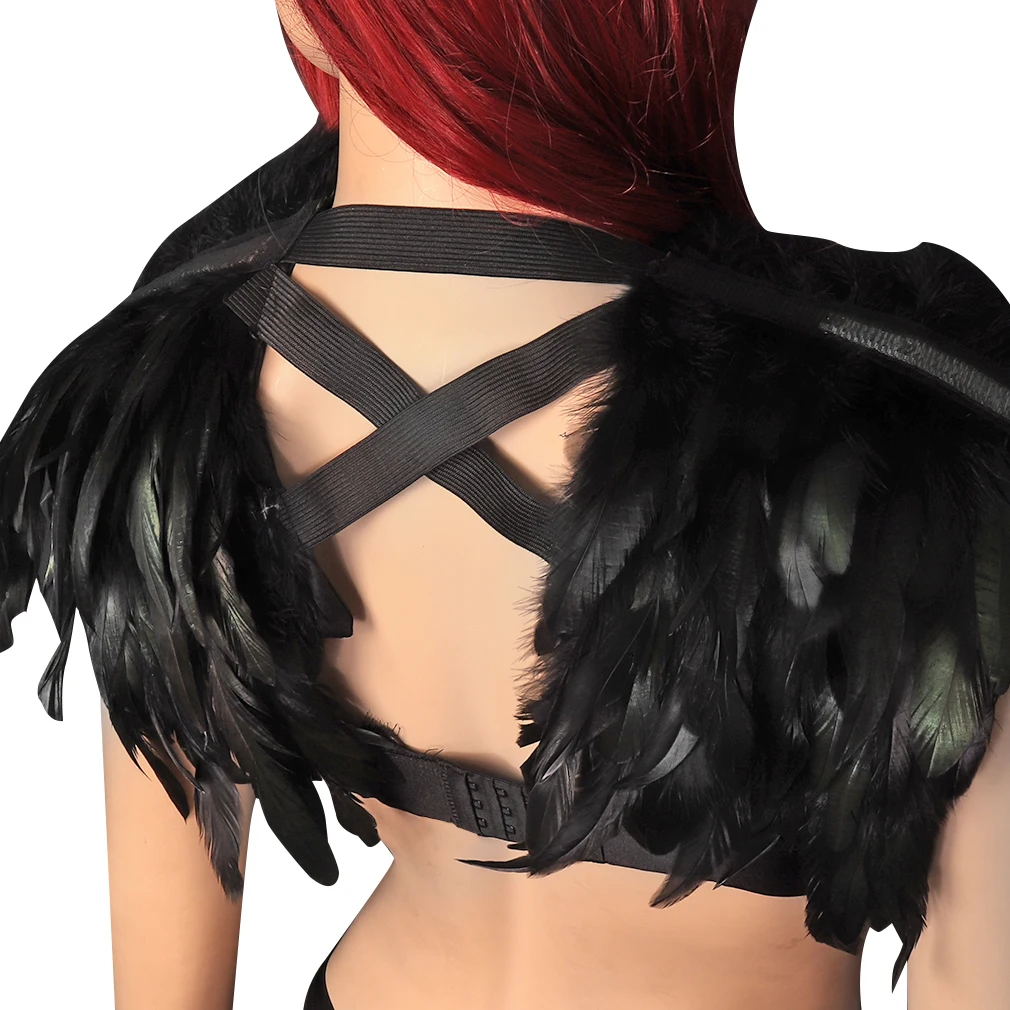 Rave Festival Feather Wing Epaulettes Black Shoulder Pieces Women Hollow Sexy Clothing Pauldrons Spaulders Armor Body Harness