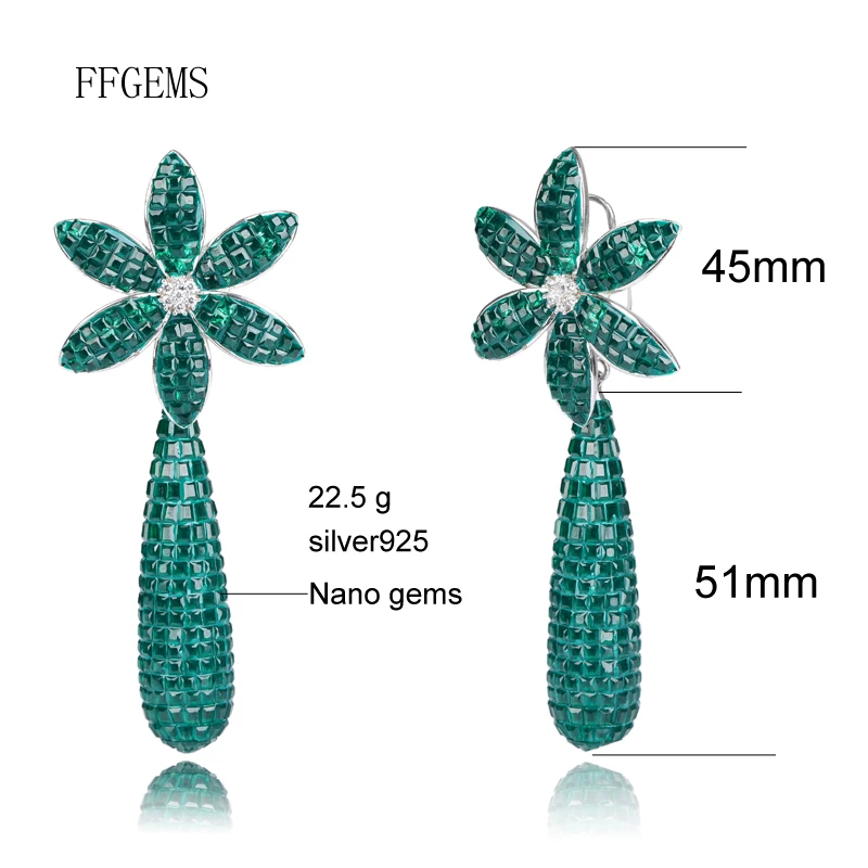 FFGems New Design 925 Silver drop big Earring Created Nano Emerald Fine Jewelry For Women Lady Engagement Wedding Party Gift Box